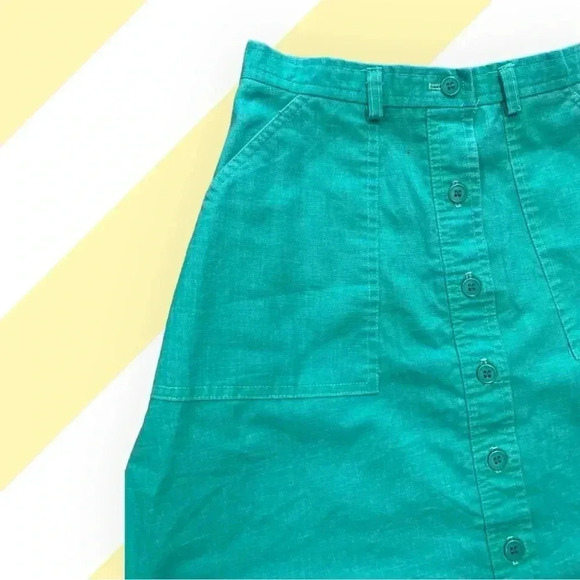 Vintage 1970's green cotton button front with pockets  A-line Skirt - Picture 5 of 9